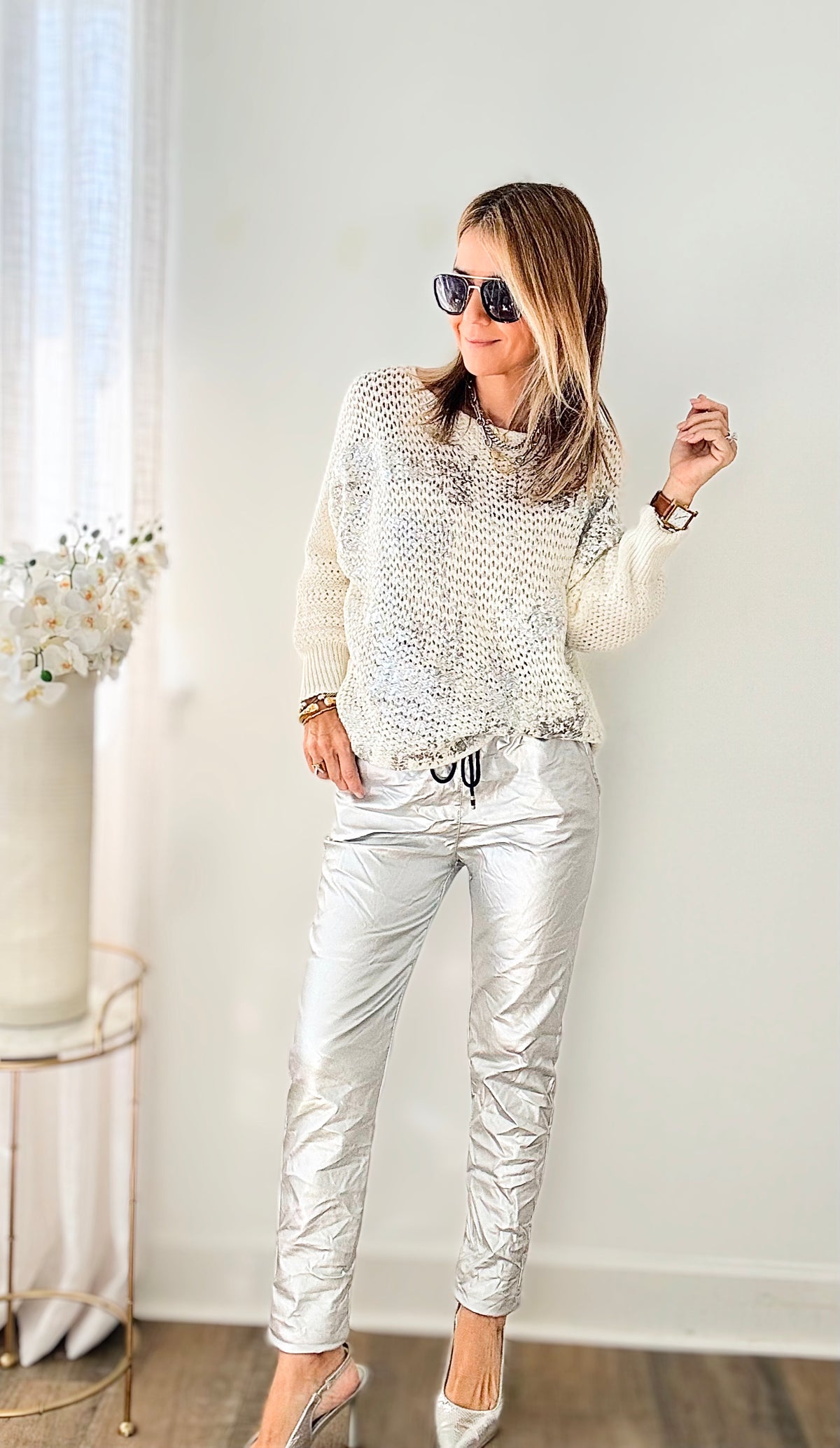 Metallic Italian Vegan Leather Joggers - Silver-180 Joggers-Look Mode-Coastal Bloom Boutique, find the trendiest versions of the popular styles and looks Located in Indialantic, FL