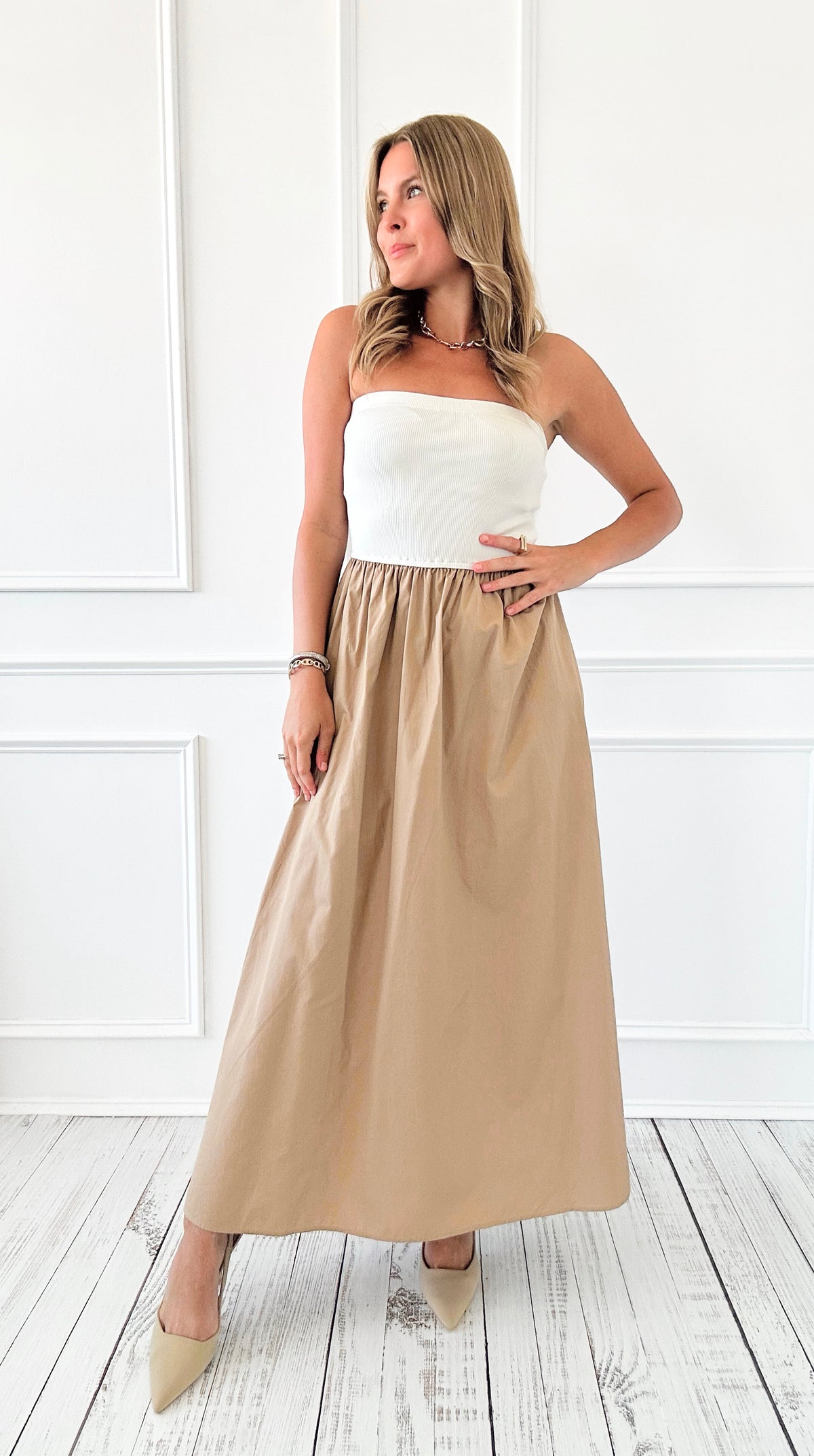 Monochrome Moment Strapless Dress - Ivory/Taupe-200 Dresses/Jumpsuits/Rompers-Blu Pepper-Coastal Bloom Boutique, find the trendiest versions of the popular styles and looks Located in Indialantic, FL