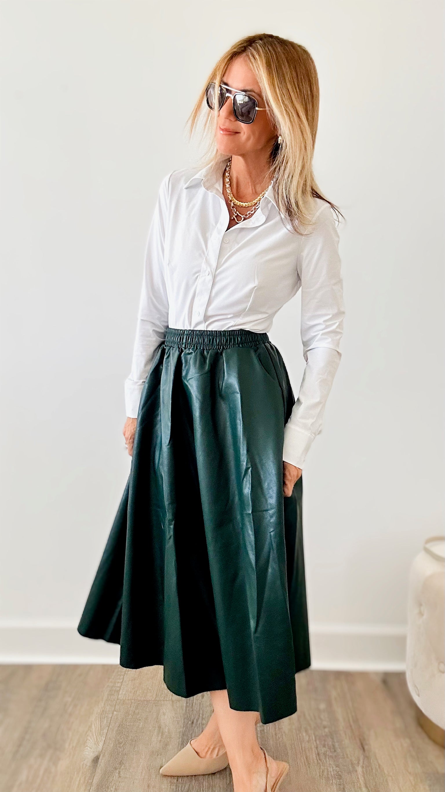 Midi Circle Faux Leather Skirt - Green-170 Bottoms-TABA-Coastal Bloom Boutique, find the trendiest versions of the popular styles and looks Located in Indialantic, FL