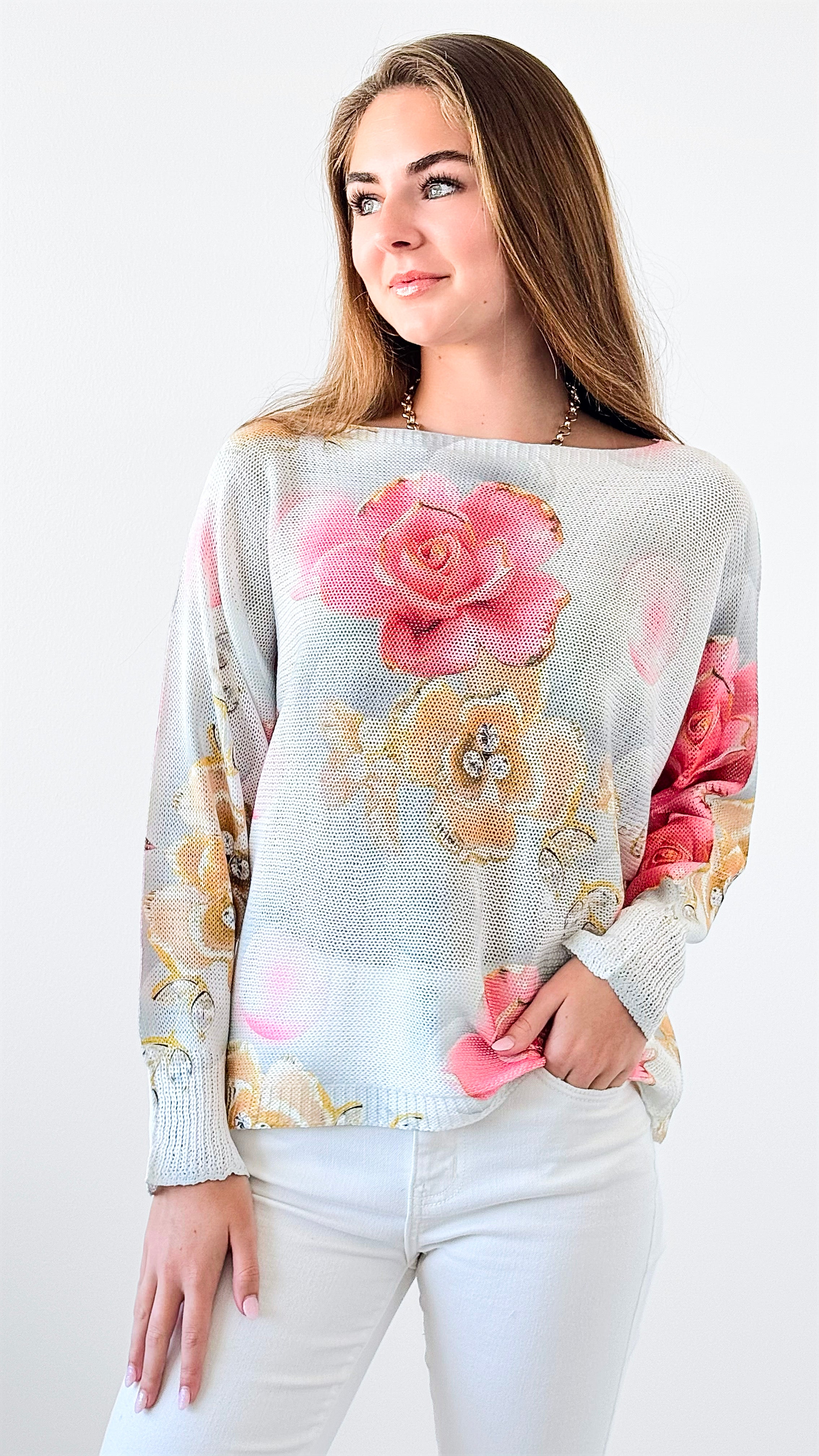 Rose Whimsical Italian St Tropez Knit-140 Sweaters-Italianissimo-Coastal Bloom Boutique, find the trendiest versions of the popular styles and looks Located in Indialantic, FL