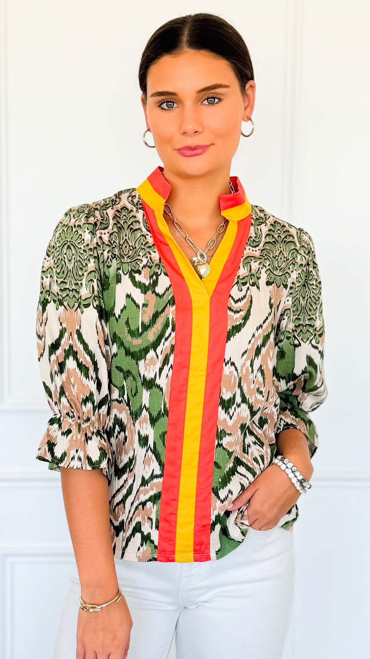 Sunburst Pop Notch Blouse Top-110 short Sleeve Top-VOY-Coastal Bloom Boutique, find the trendiest versions of the popular styles and looks Located in Indialantic, FL