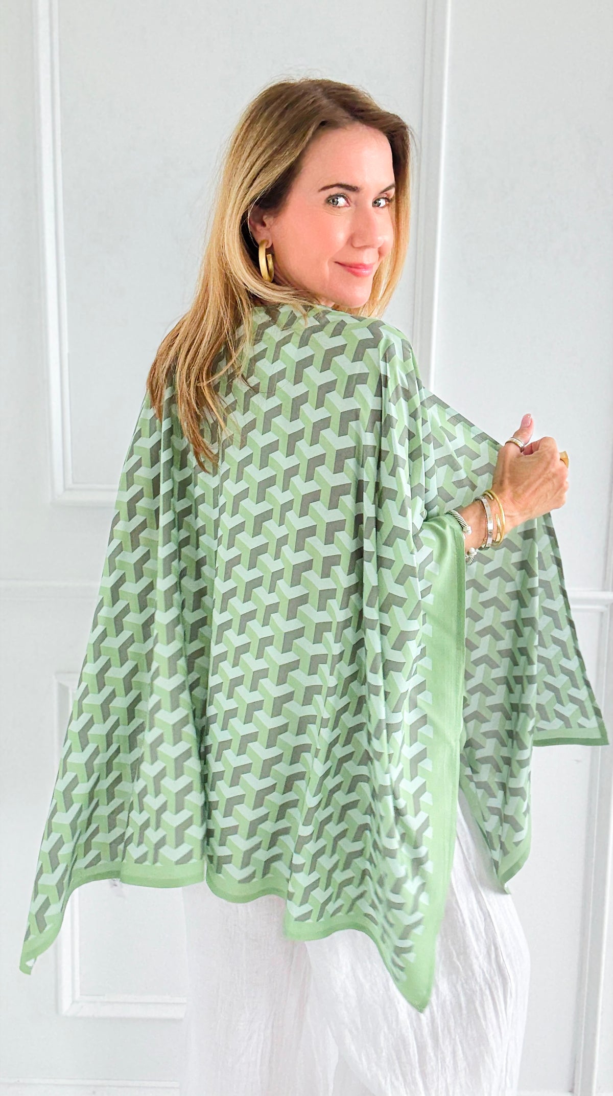 Neutral Geo Drape Kimono - Green-150 Cardigan Layers-NYW-Coastal Bloom Boutique, find the trendiest versions of the popular styles and looks Located in Indialantic, FL