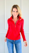 Bold Elegance Zip-Up Knit Top - Red-130 Long Sleeve Tops-Chasing Bandits-Coastal Bloom Boutique, find the trendiest versions of the popular styles and looks Located in Indialantic, FL