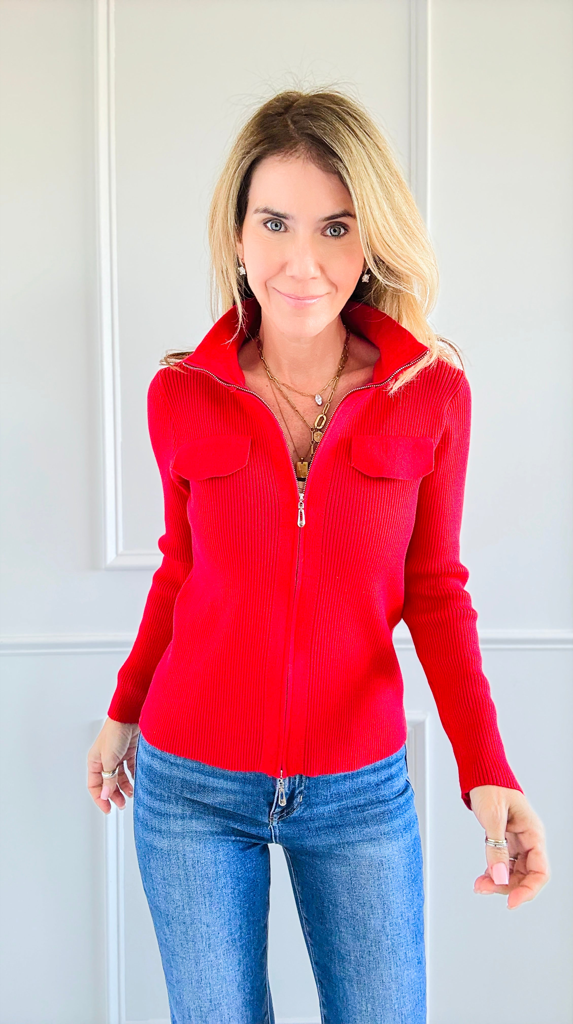 Bold Elegance Zip-Up Knit Top - Red-130 Long Sleeve Tops-Chasing Bandits-Coastal Bloom Boutique, find the trendiest versions of the popular styles and looks Located in Indialantic, FL