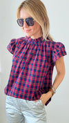 Plaid Flutter Sleeves Blouse - Red + Navy-110 Short Sleeve Tops-day + moon-Coastal Bloom Boutique, find the trendiest versions of the popular styles and looks Located in Indialantic, FL