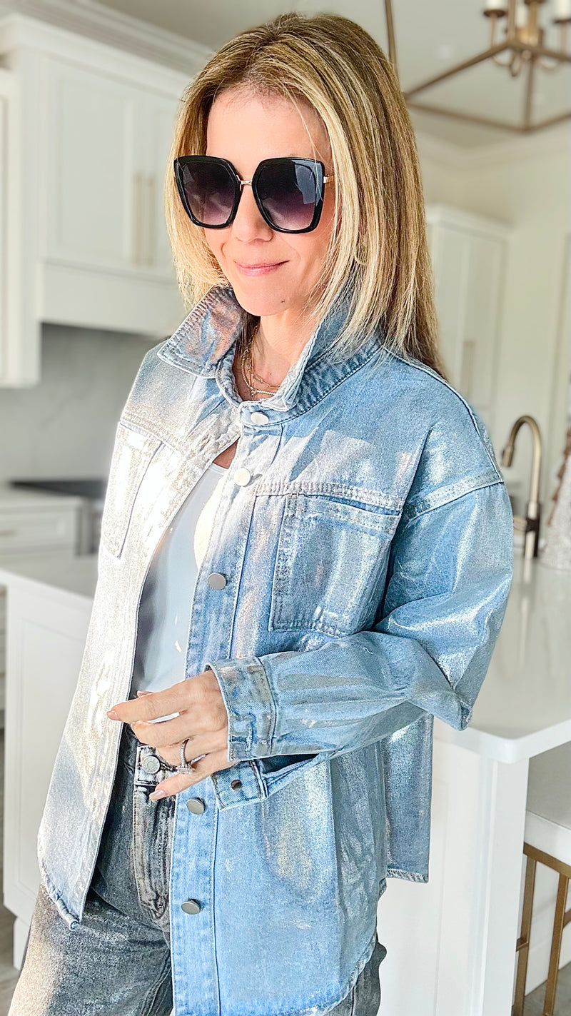 I'm the Party Metallic Foil Shacket - Silver-160 Jackets-sj style-Coastal Bloom Boutique, find the trendiest versions of the popular styles and looks Located in Indialantic, FL