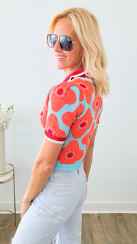 Contrast Flower Jacquard Puff Sleeve Knit Top-110 Short Sleeve Tops-Chasing Bandits-Coastal Bloom Boutique, find the trendiest versions of the popular styles and looks Located in Indialantic, FL