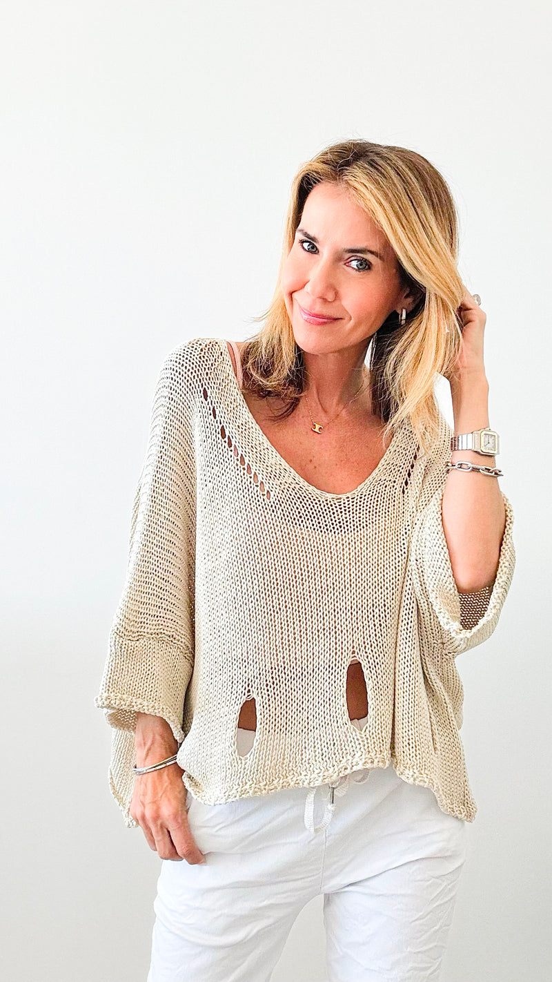Stellar Keyhole Italian Crochet Pullover - Oyster-140 Sweaters-Germany-Coastal Bloom Boutique, find the trendiest versions of the popular styles and looks Located in Indialantic, FL
