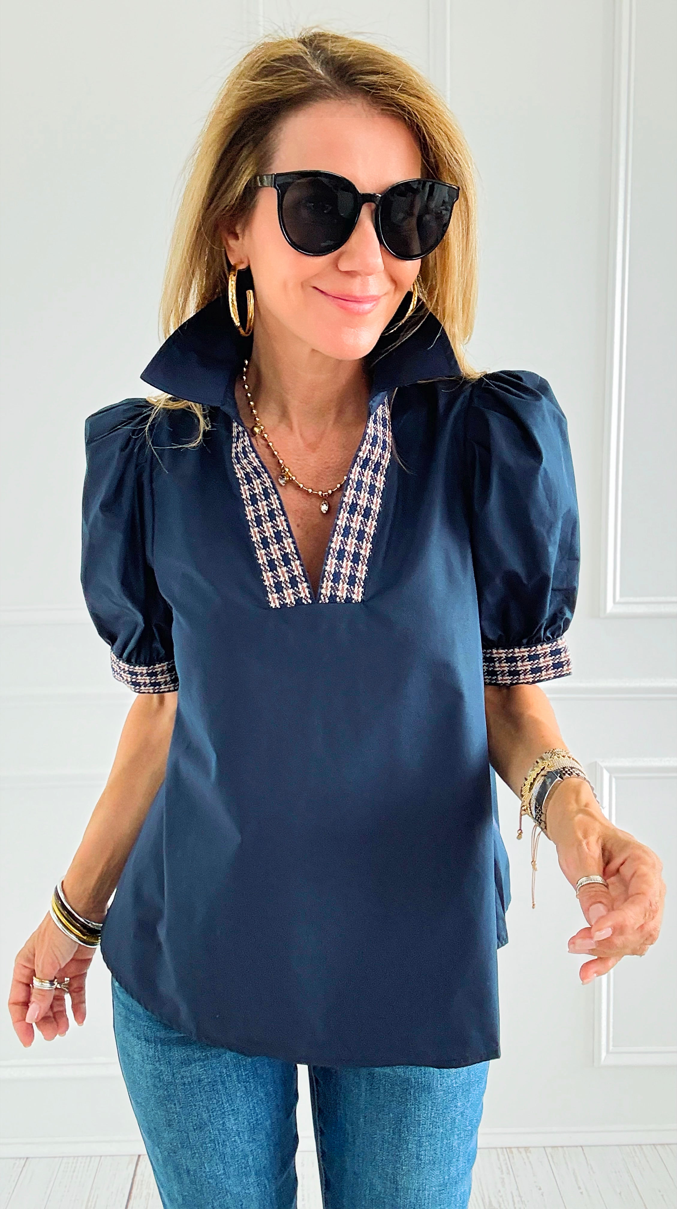 Checked Charm Puff Sleeve Top-110 Short Sleeve Tops-entro-Coastal Bloom Boutique, find the trendiest versions of the popular styles and looks Located in Indialantic, FL