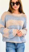 Striped Bubble Sleeve Knitted Sweater - Blush/Blue-140 Sweaters-Miracle-Coastal Bloom Boutique, find the trendiest versions of the popular styles and looks Located in Indialantic, FL