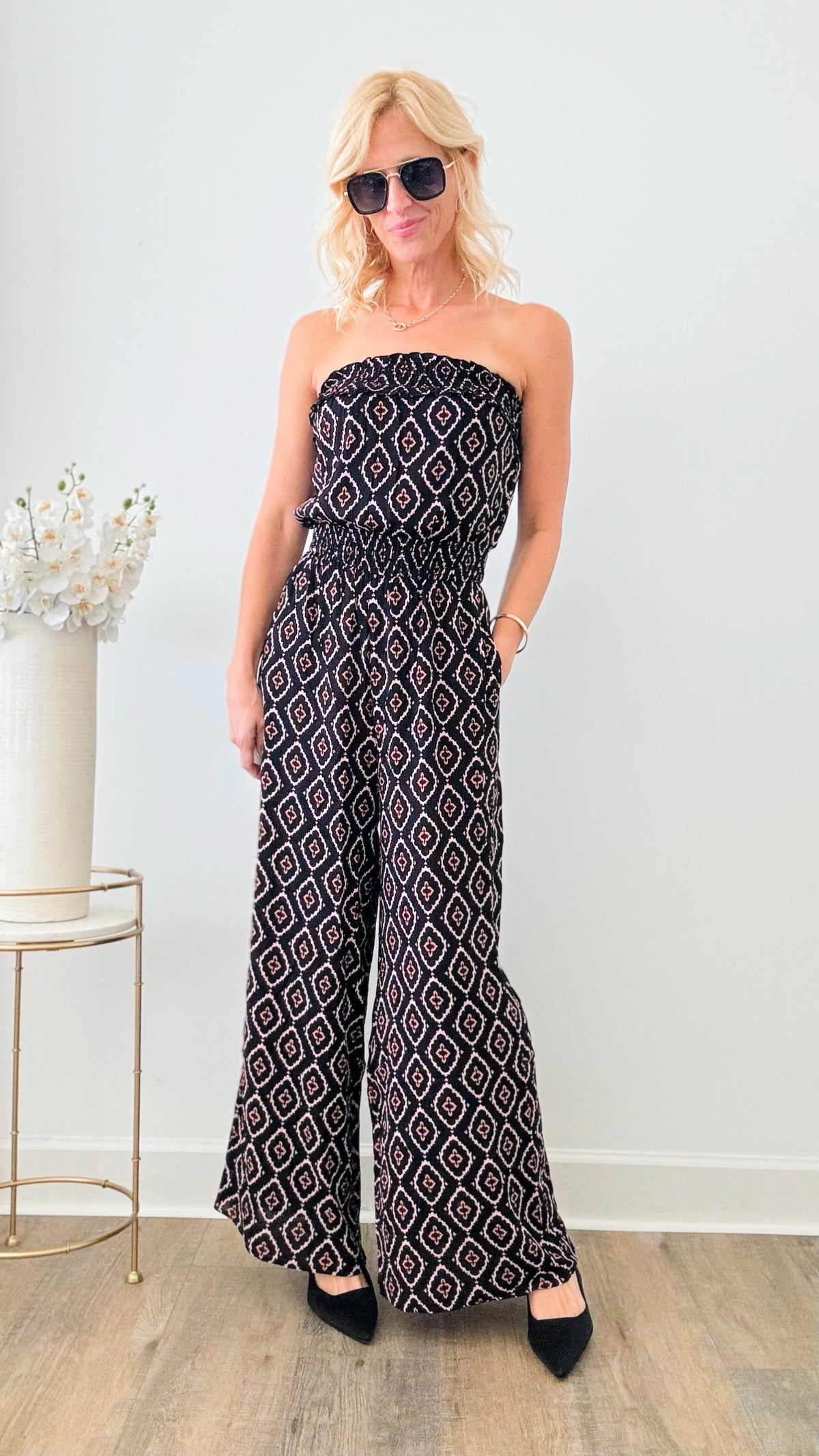 Boho Print Smocked Tube Jumpsuit - Black-200 Dresses/Jumpsuits/Rompers-Rousseau-Coastal Bloom Boutique, find the trendiest versions of the popular styles and looks Located in Indialantic, FL