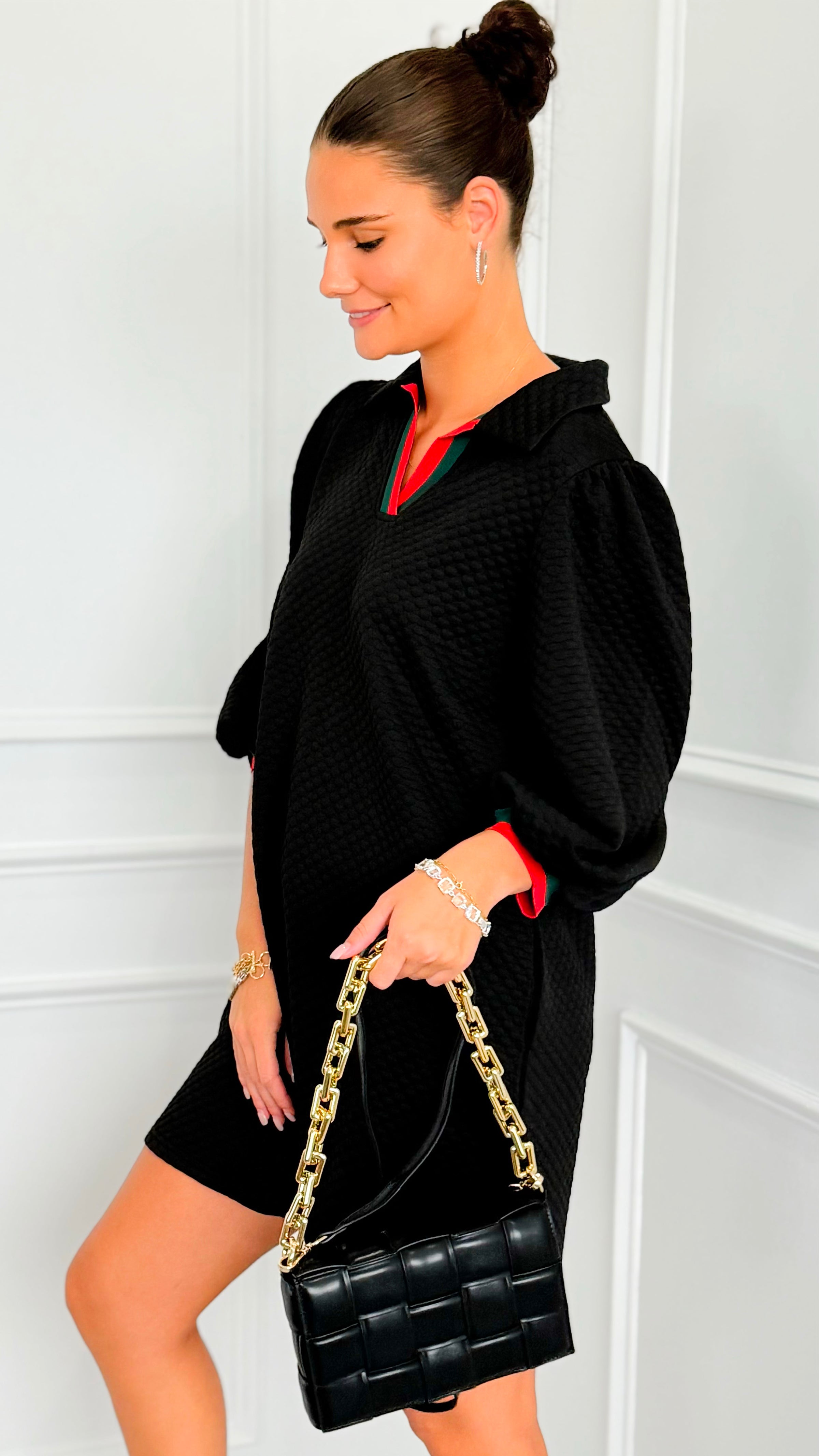 Prep School Puff Sleeve Dress - Black-200 Dresses/Jumpsuits/Rompers-JODIFL-Coastal Bloom Boutique, find the trendiest versions of the popular styles and looks Located in Indialantic, FL