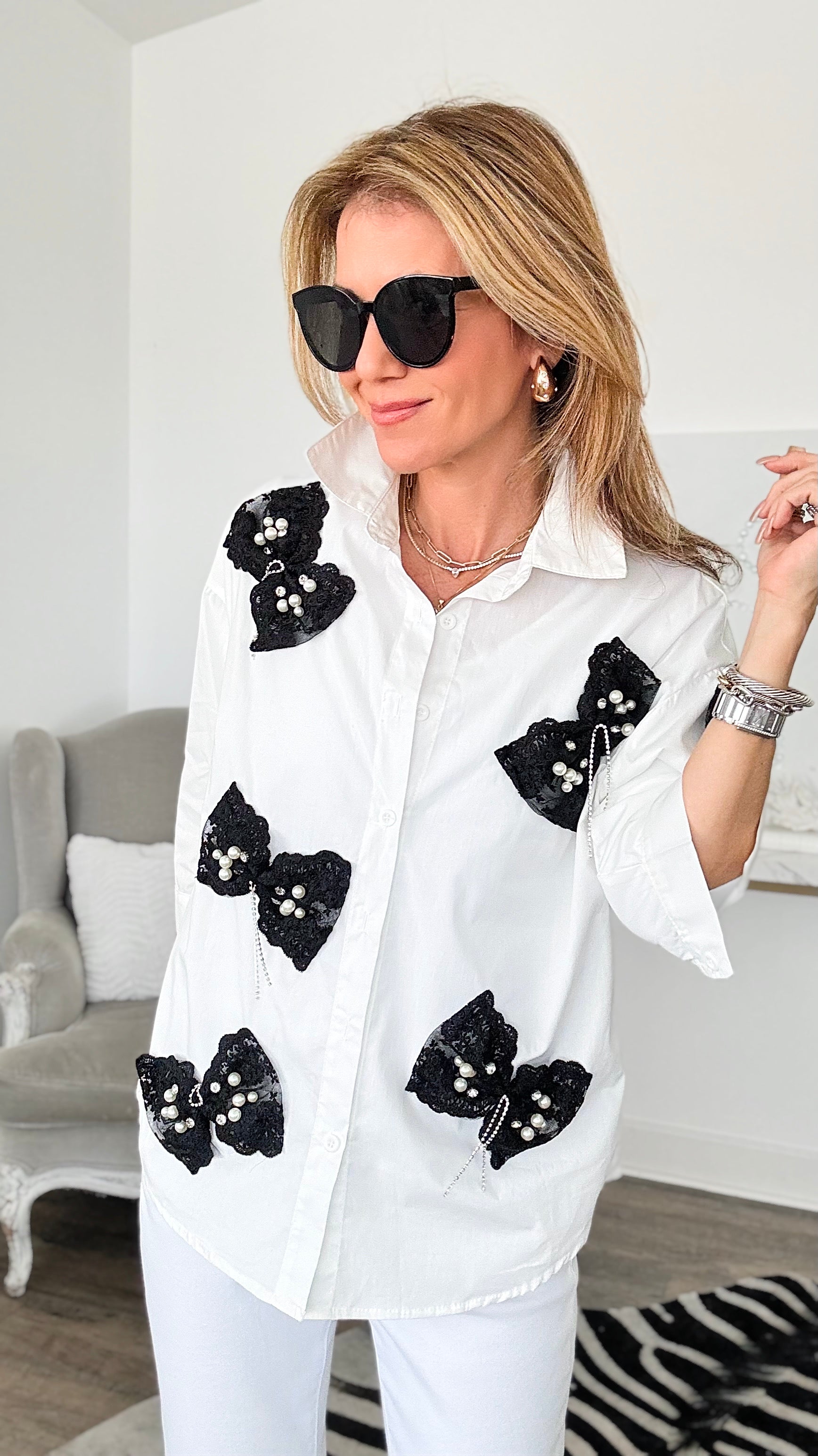 Rhinestones & Pearls Bows Button Down Top - White-130 Long Sleeve Tops-pastel design-Coastal Bloom Boutique, find the trendiest versions of the popular styles and looks Located in Indialantic, FL