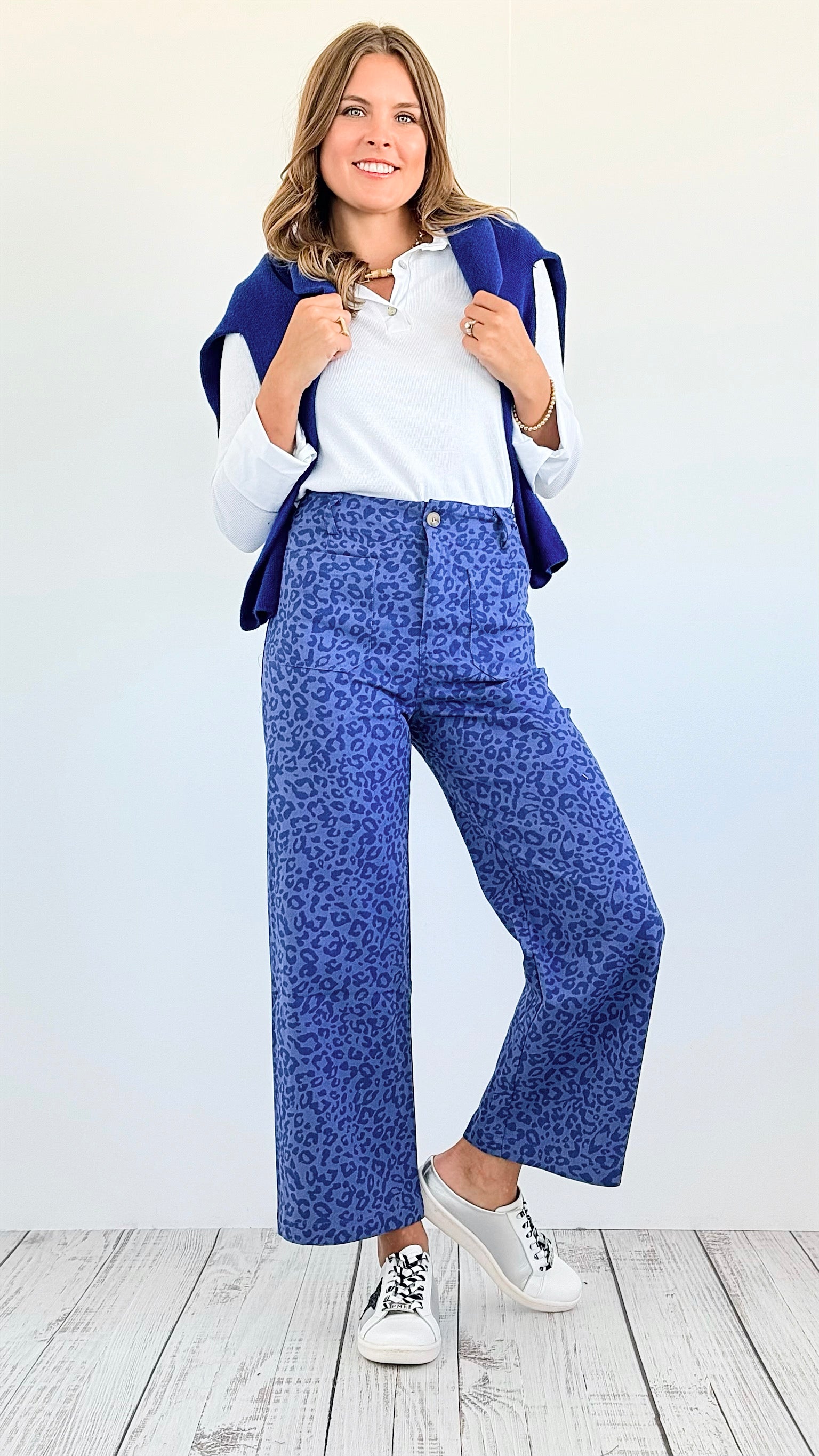 Bold Move Cropped Leopard Pants- Royal Blue-170 Bottoms-Gigio-Coastal Bloom Boutique, find the trendiest versions of the popular styles and looks Located in Indialantic, FL