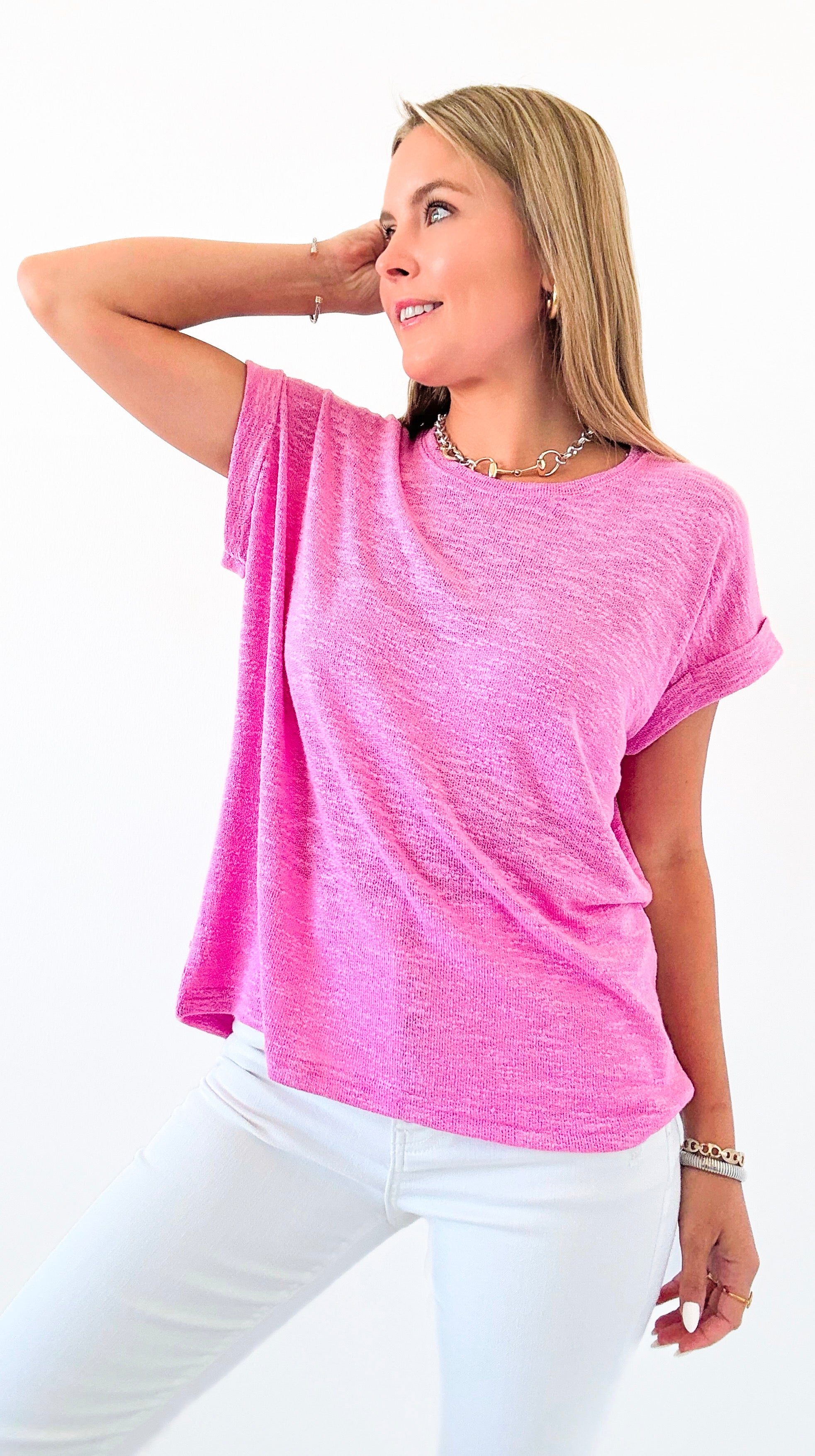 Comfy Everyday Rolled Sleeve Slub Top - Candy Pink-110 Short Sleeve Tops-Zenana-Coastal Bloom Boutique, find the trendiest versions of the popular styles and looks Located in Indialantic, FL