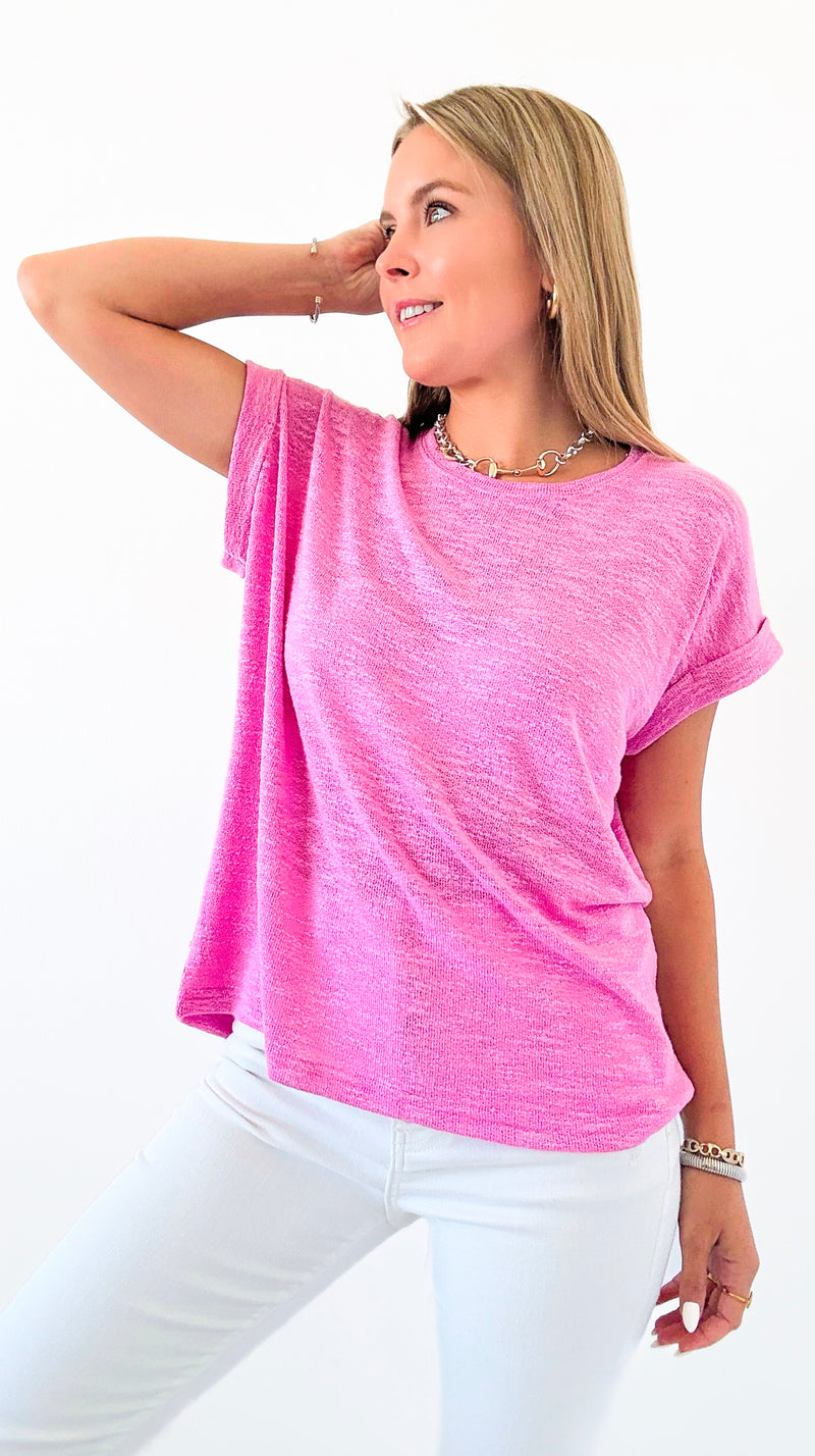 Comfy Everyday Rolled Sleeve Slub Top - Candy Pink-110 Short Sleeve Tops-Zenana-Coastal Bloom Boutique, find the trendiest versions of the popular styles and looks Located in Indialantic, FL