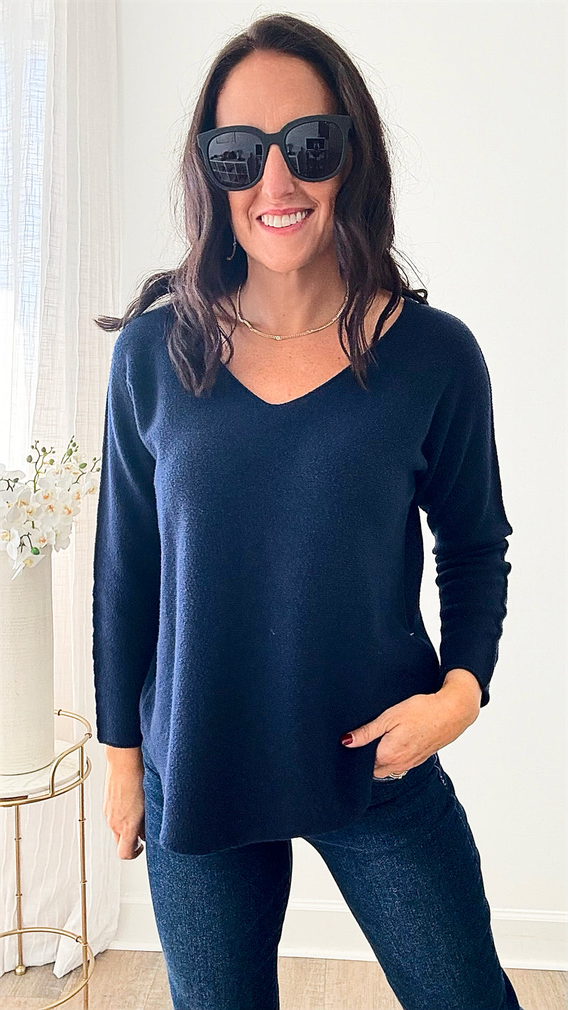 Soho Italian V-Neck Pullover - Navy-140 Sweaters-Italianissimo-Coastal Bloom Boutique, find the trendiest versions of the popular styles and looks Located in Indialantic, FL