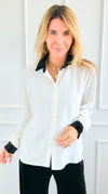Midnight Contrast Button Down Top - Ivory Black-130 Long sleeve top-Must Have-Coastal Bloom Boutique, find the trendiest versions of the popular styles and looks Located in Indialantic, FL