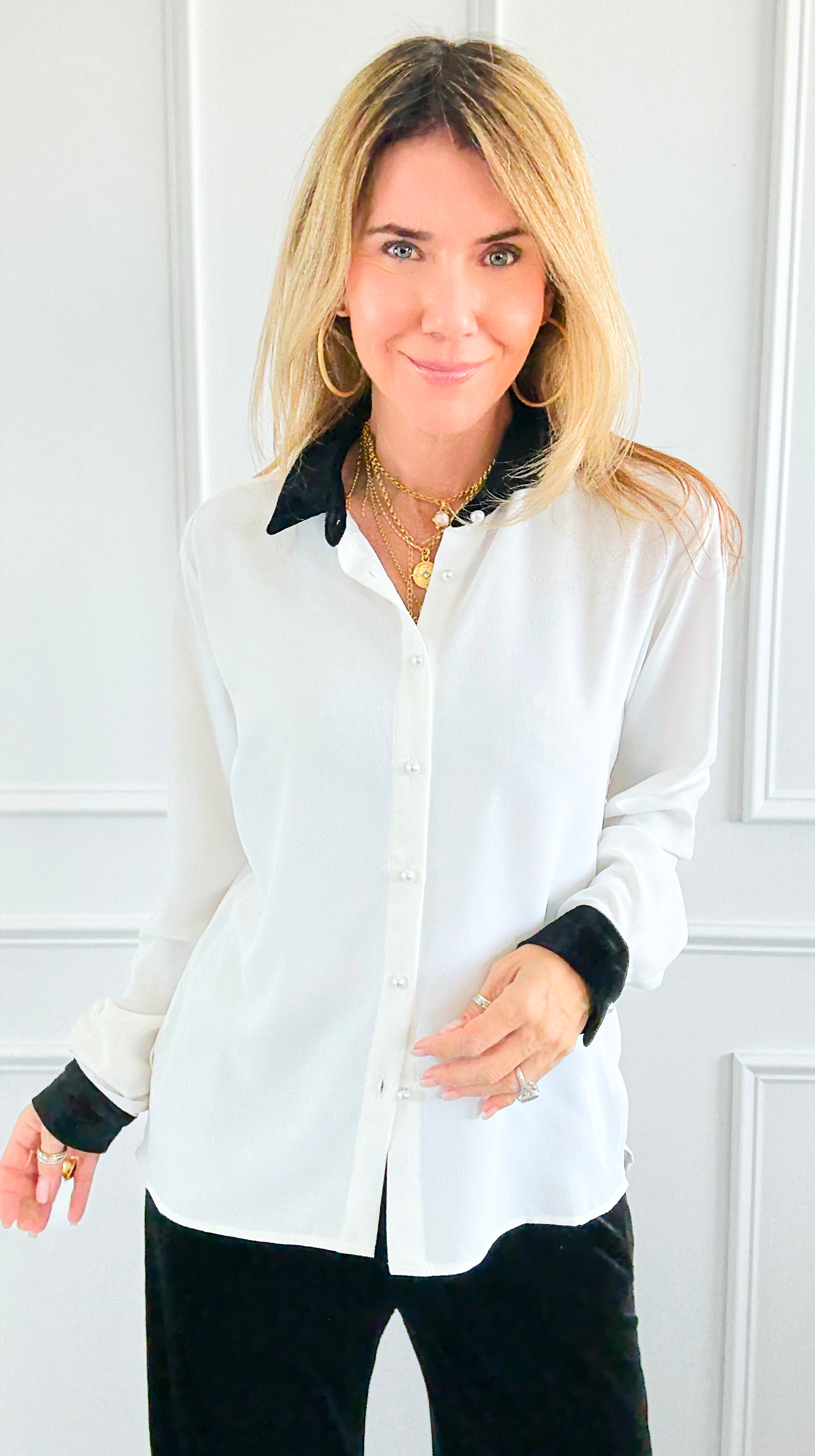 Midnight Contrast Button Down Top - Ivory Black-130 Long sleeve top-Must Have-Coastal Bloom Boutique, find the trendiest versions of the popular styles and looks Located in Indialantic, FL