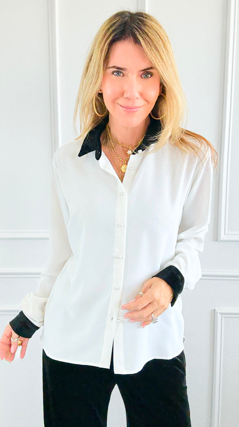 Midnight Contrast Button Down Top - Ivory Black-130 Long sleeve top-Must Have-Coastal Bloom Boutique, find the trendiest versions of the popular styles and looks Located in Indialantic, FL