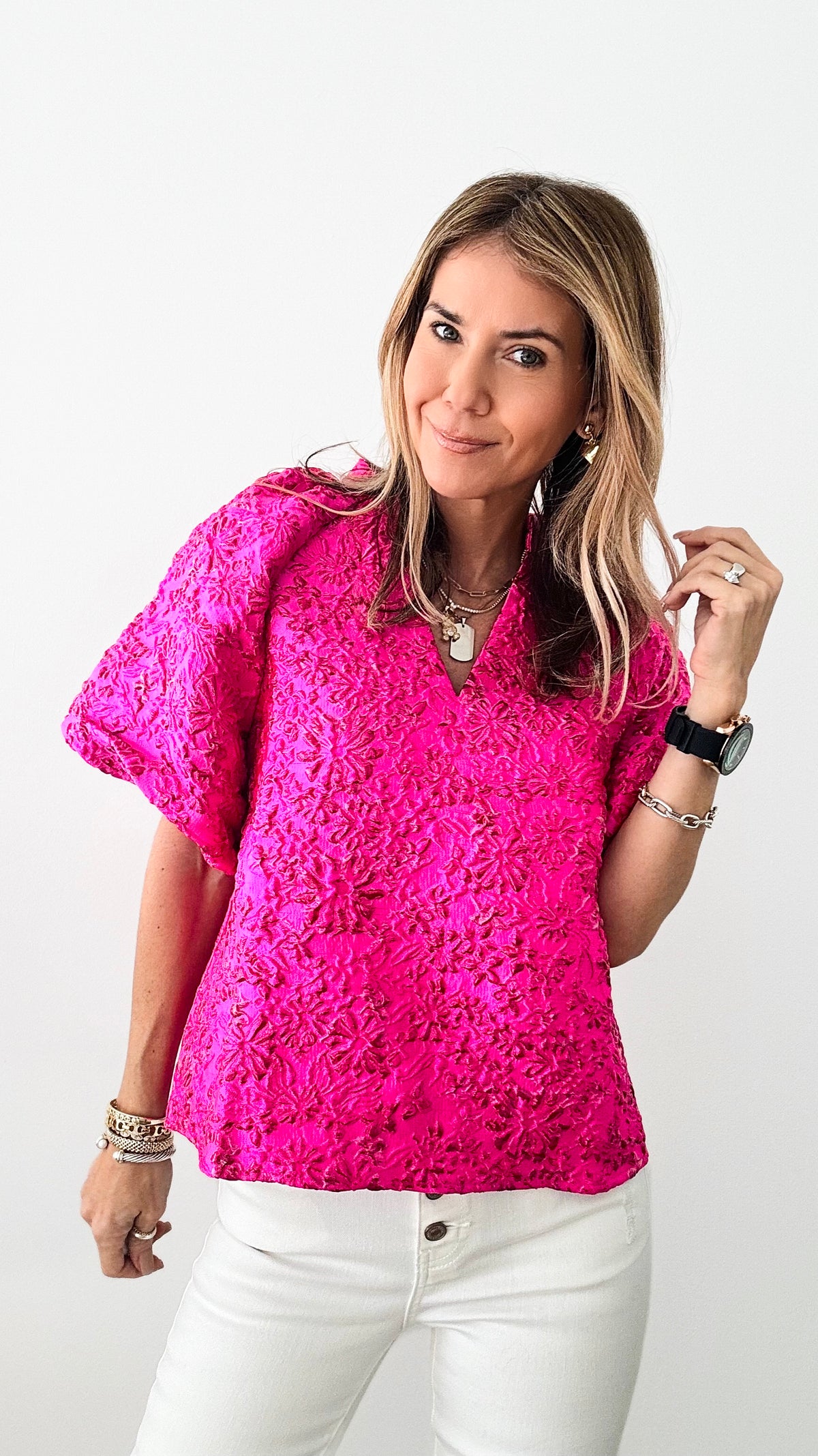 Power of Pink Jacquard Puff Sleeve Top-110 Short Sleeve Tops-THML-Coastal Bloom Boutique, find the trendiest versions of the popular styles and looks Located in Indialantic, FL