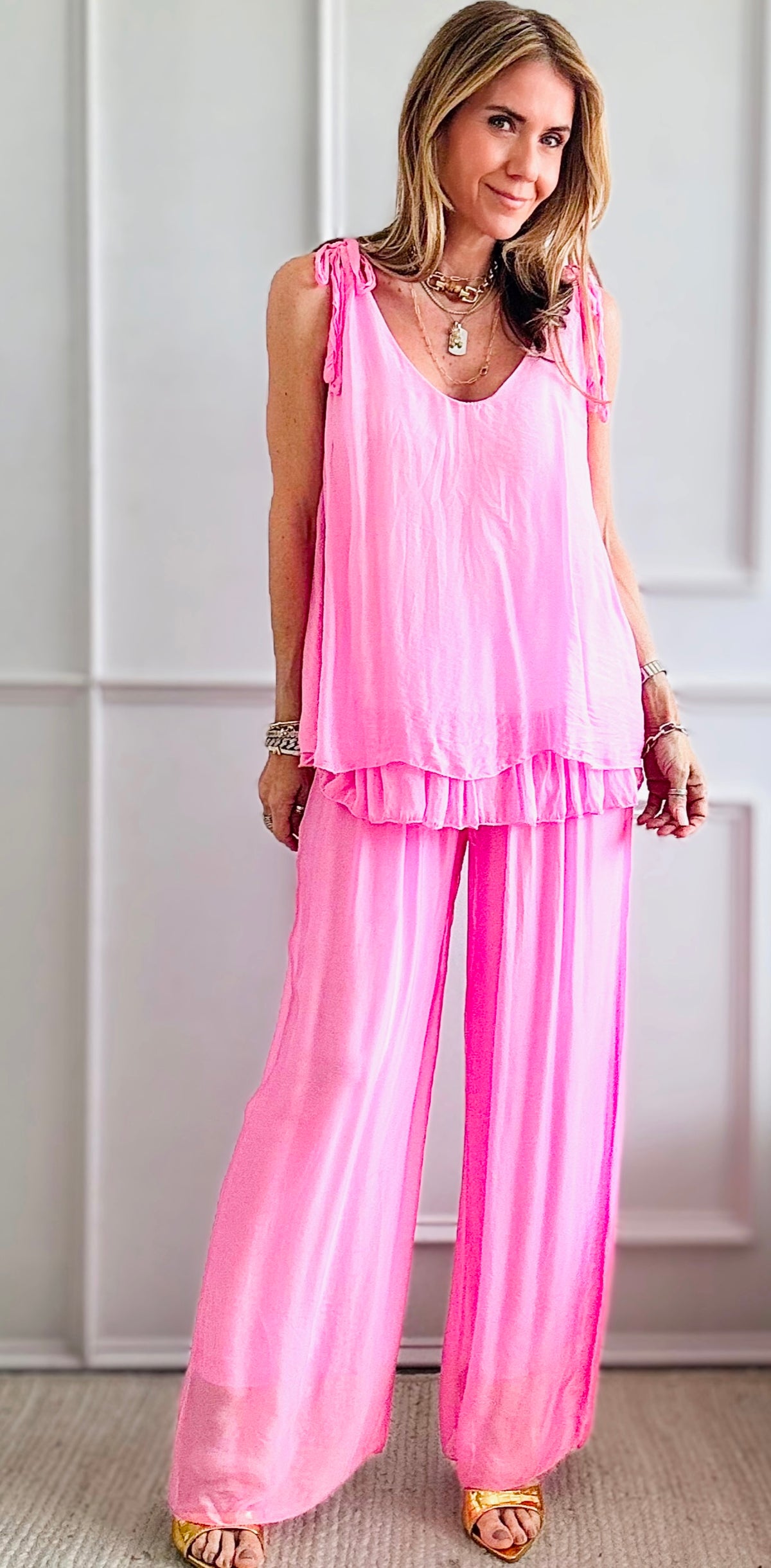 Sheer Overlay Italian Palazzo - Pink-pants-Germany-Coastal Bloom Boutique, find the trendiest versions of the popular styles and looks Located in Indialantic, FL