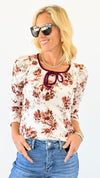 Floral Puff Sleeve Tie Neck Top-130 Long Sleeve Tops-DOE AND RAE-Coastal Bloom Boutique, find the trendiest versions of the popular styles and looks Located in Indialantic, FL