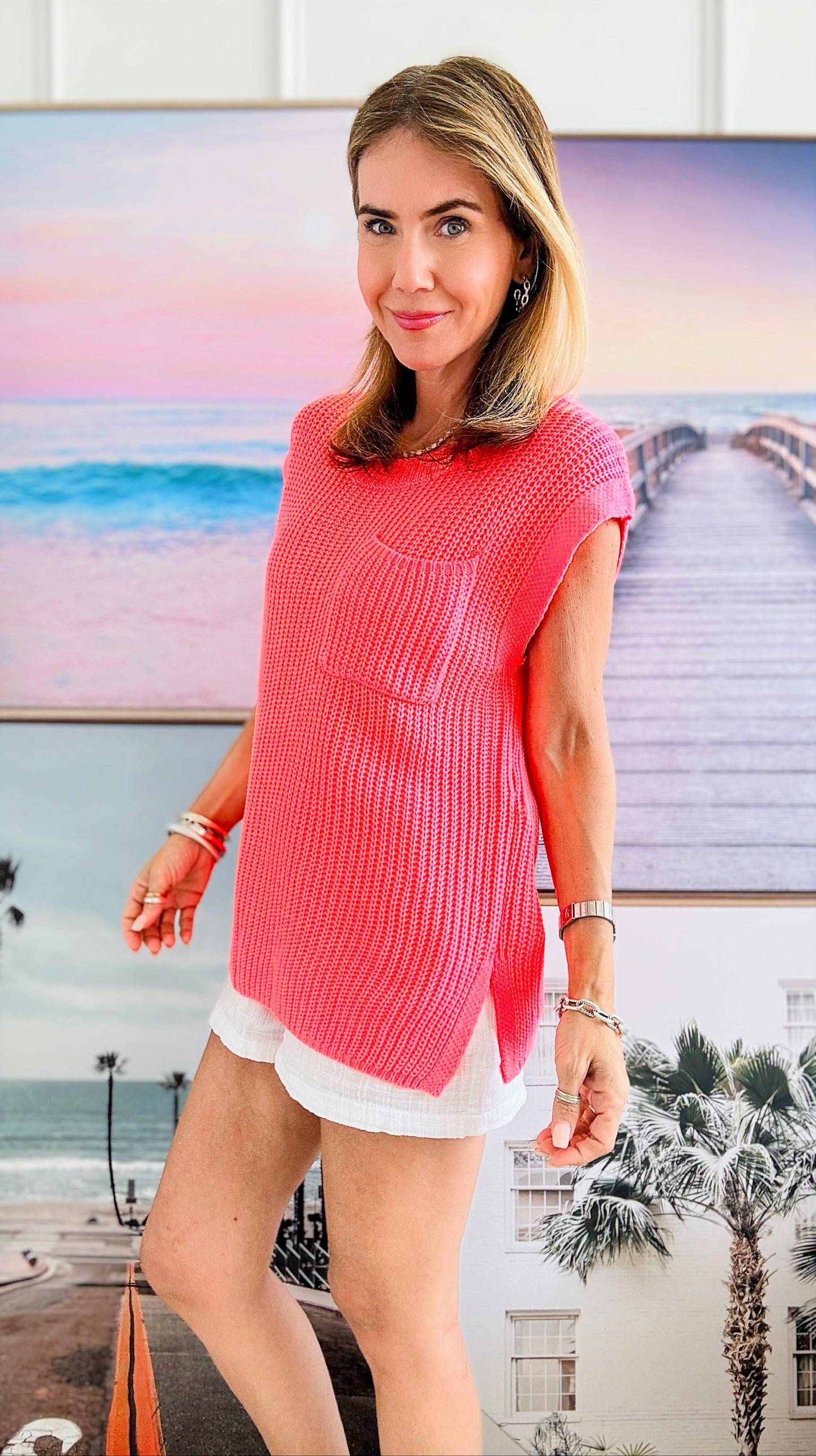 Knitted Crew Neck Slipover Sweater Sleeveless- Coral-00 Sleevless Tops-BIBI-Coastal Bloom Boutique, find the trendiest versions of the popular styles and looks Located in Indialantic, FL
