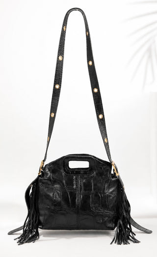 Small Croc Embossed Italian Leather Fringe Bag- Black
