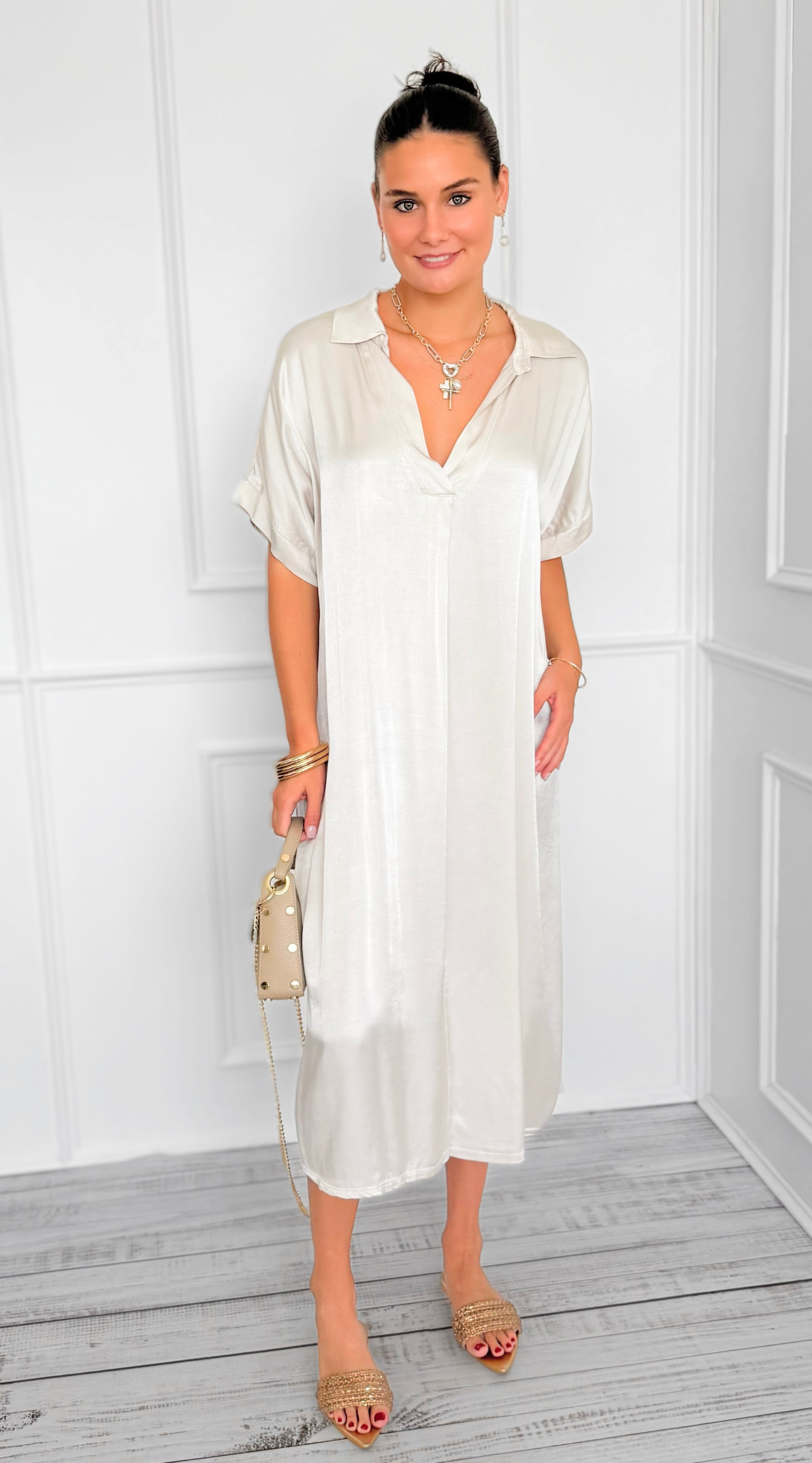 Satin Luxe Italian Long Dress- Oyster-200 Dresses/Jumpsuits/Rompers-Italianissimo-Coastal Bloom Boutique, find the trendiest versions of the popular styles and looks Located in Indialantic, FL