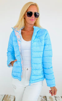 Reversible Printed Puffer Hoodie Jacket - Sky Blue-160 Jackets-Blue Age-Coastal Bloom Boutique, find the trendiest versions of the popular styles and looks Located in Indialantic, FL