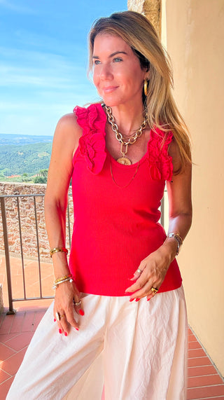 Ruffle Detail Sleeveless Italian Top - Red