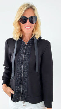 Faiza French Scuba Jacket with Tweed - Black-160 Jackets-Joh Apparel-Coastal Bloom Boutique, find the trendiest versions of the popular styles and looks Located in Indialantic, FL