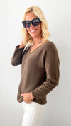Soho Italian V-Neck Pullover - Chocolate-140 Sweaters-Italianissimo/ Max & D-Coastal Bloom Boutique, find the trendiest versions of the popular styles and looks Located in Indialantic, FL