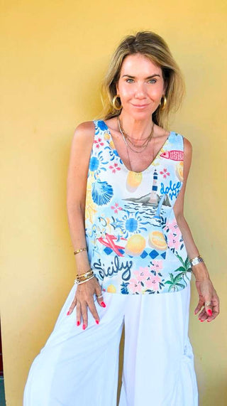 Sicily Sun Italian Knit Tank Top- Blue