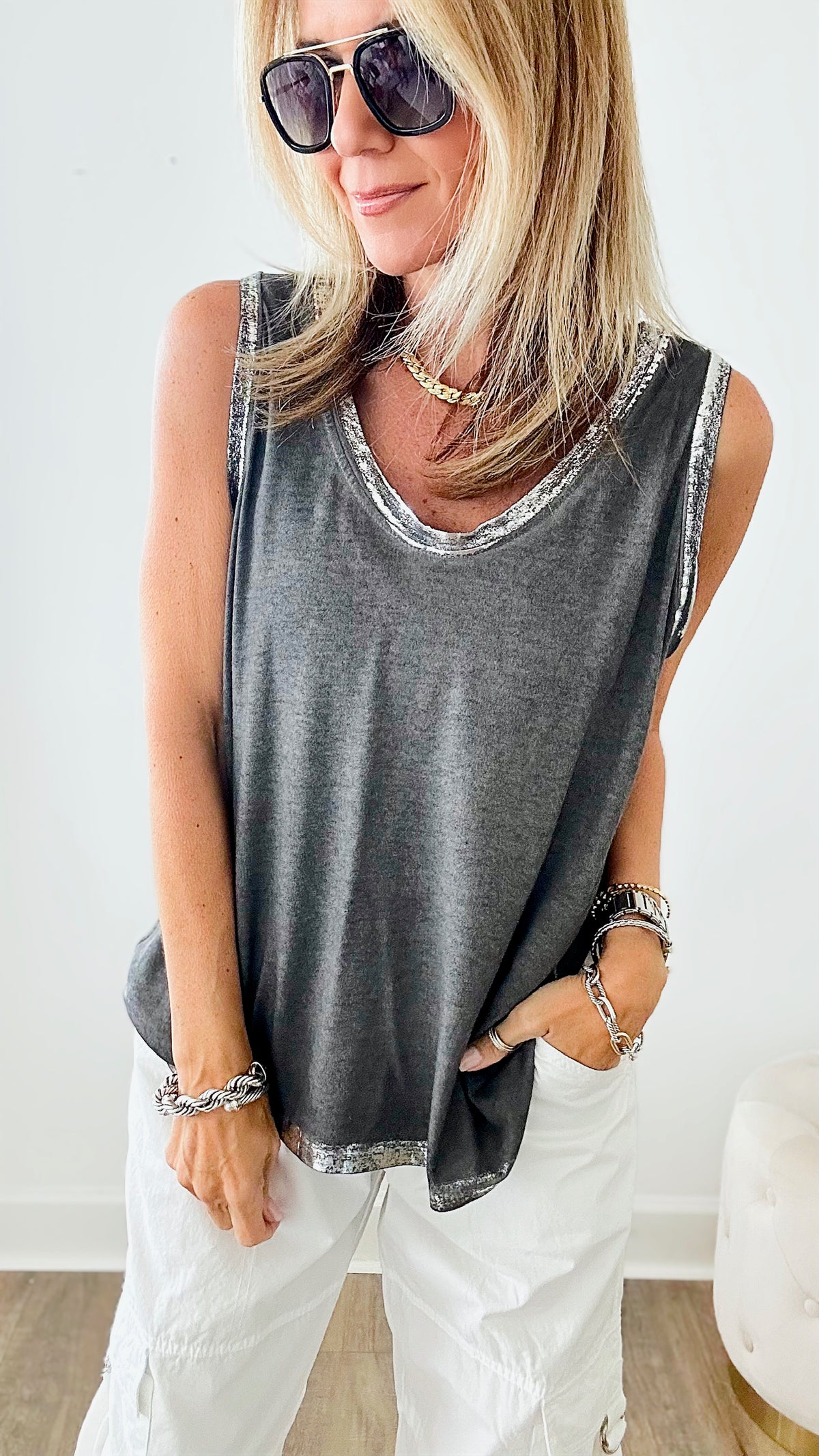 Silver Metallic Trim Italian Tank - Charcoal-100 Sleeveless Tops-yolly-Coastal Bloom Boutique, find the trendiest versions of the popular styles and looks Located in Indialantic, FL