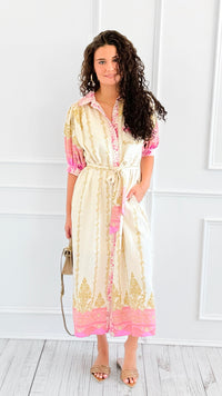 Baroque Border Belted Midi Dress-200 Dresses/Jumpsuits/Rompers-entro-Coastal Bloom Boutique, find the trendiest versions of the popular styles and looks Located in Indialantic, FL