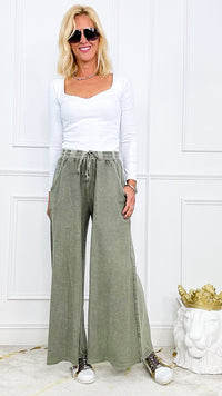 Mineral Washed Terry Wide Pants - Olive-170 Bottoms-EASEL-Coastal Bloom Boutique, find the trendiest versions of the popular styles and looks Located in Indialantic, FL
