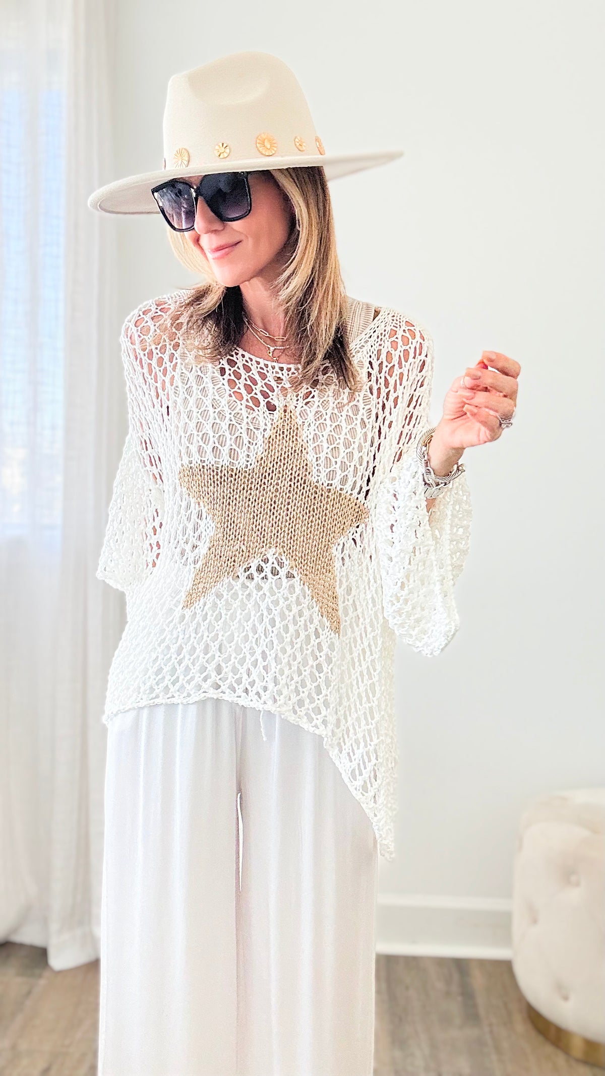 Shining Star Italian Chain Sweater - White/Gold-140 Sweaters-Italianissimo-Coastal Bloom Boutique, find the trendiest versions of the popular styles and looks Located in Indialantic, FL