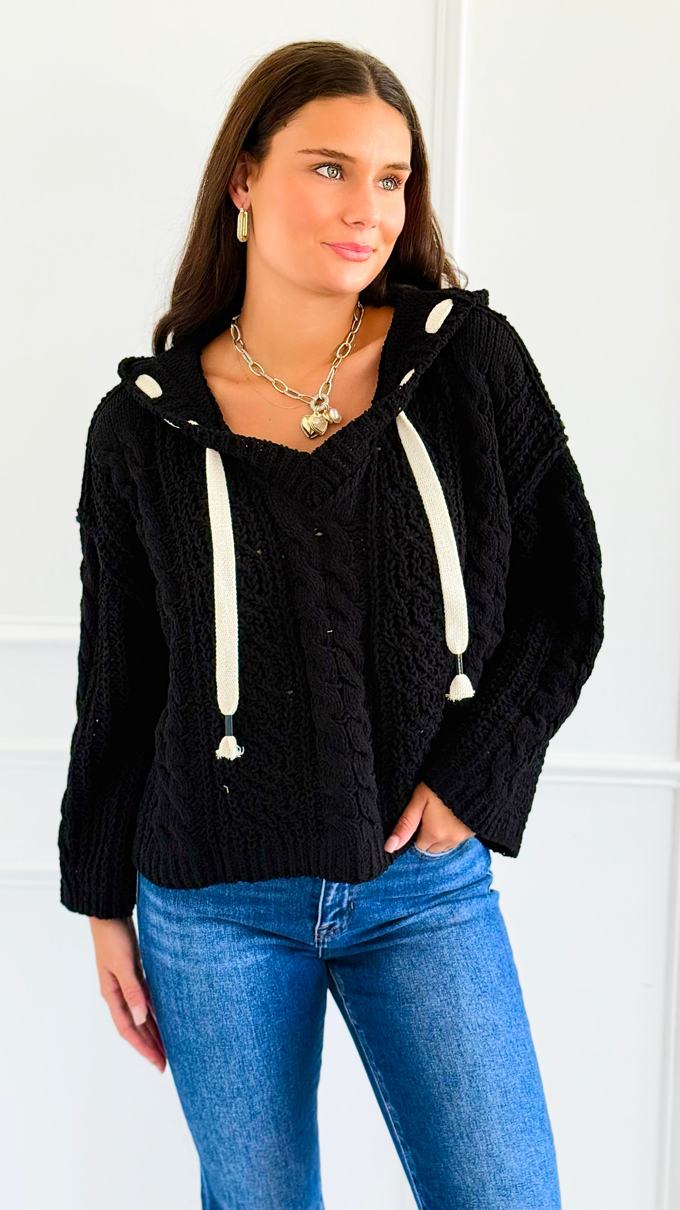 Seaside Breeze Hooded Chenille Sweater - Black-140 Sweaters-Zenana-Coastal Bloom Boutique, find the trendiest versions of the popular styles and looks Located in Indialantic, FL