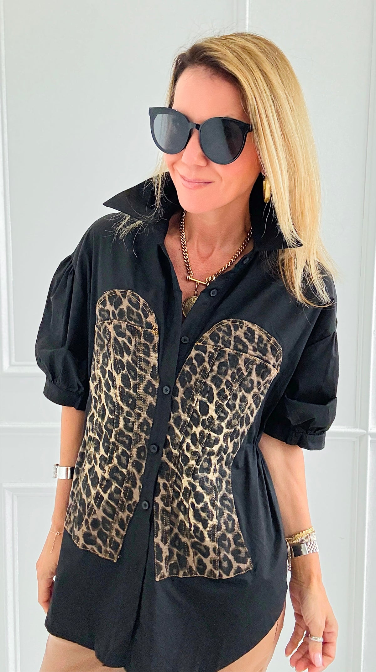 Run Wild Button-Up Blouse-Black-110 Short Sleeve Tops-7Mango7-Coastal Bloom Boutique, find the trendiest versions of the popular styles and looks Located in Indialantic, FL