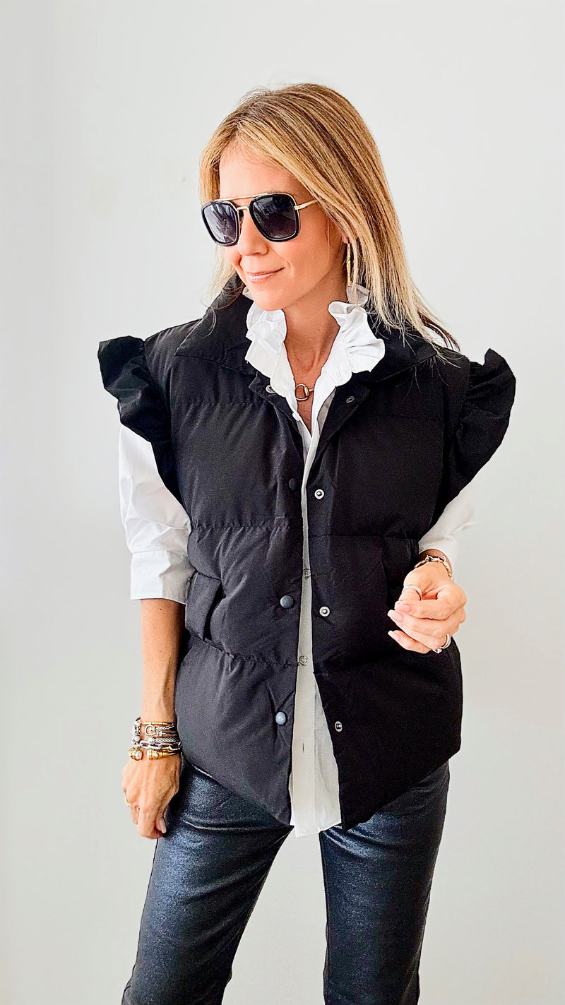Ruffle Puff Vest - Black-160 Jackets-BIBI-Coastal Bloom Boutique, find the trendiest versions of the popular styles and looks Located in Indialantic, FL