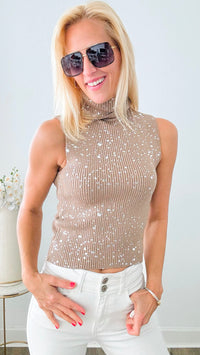 Turtleneck Speckled Italian Tank - Taupe/Silver-100 Sleeveless Tops-Italianissimo-Coastal Bloom Boutique, find the trendiest versions of the popular styles and looks Located in Indialantic, FL