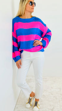 Striped Bubble Sleeve Knitted Sweater - Blue & Pink-140 Sweaters-Miracle-Coastal Bloom Boutique, find the trendiest versions of the popular styles and looks Located in Indialantic, FL