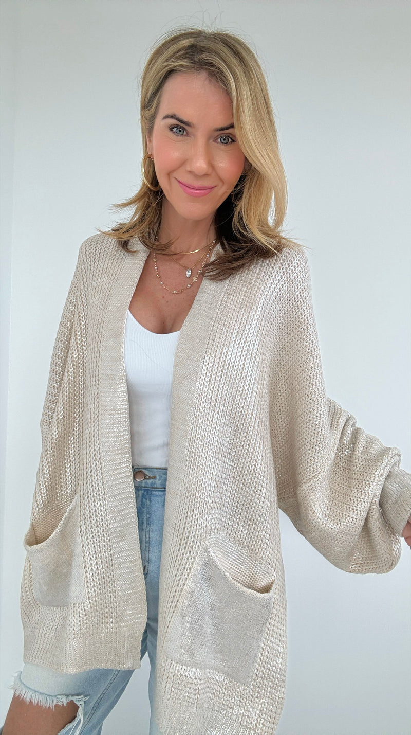 Mirrored Metallic Sugar High Italian Cardigan- Ecru/Silver-150 Cardigan Layers-Italianissimo-Coastal Bloom Boutique, find the trendiest versions of the popular styles and looks Located in Indialantic, FL