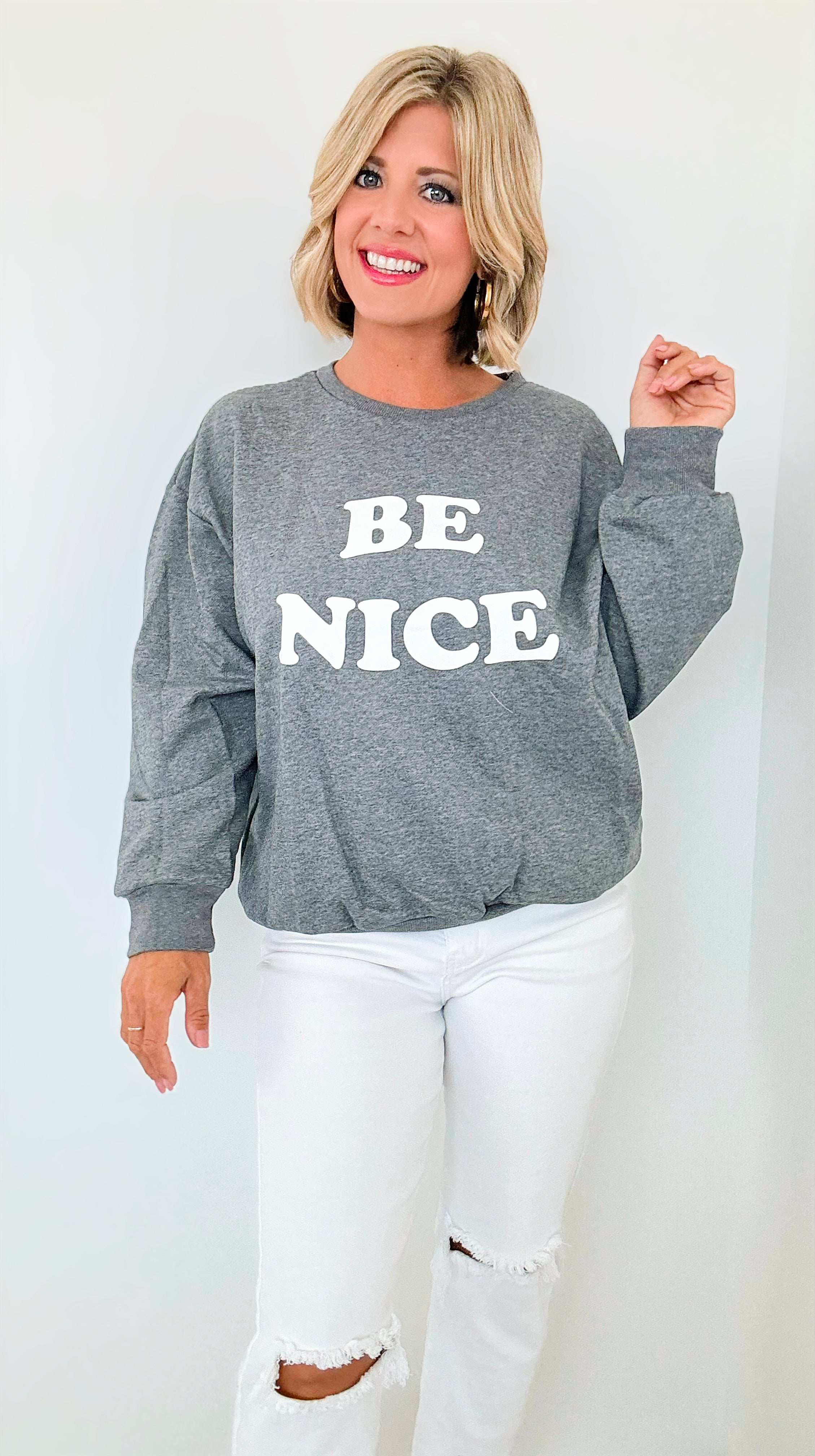 Be Nice Crew Sweatshirt-130 Long Sleeve Tops-ROUSSEAU-Coastal Bloom Boutique, find the trendiest versions of the popular styles and looks Located in Indialantic, FL