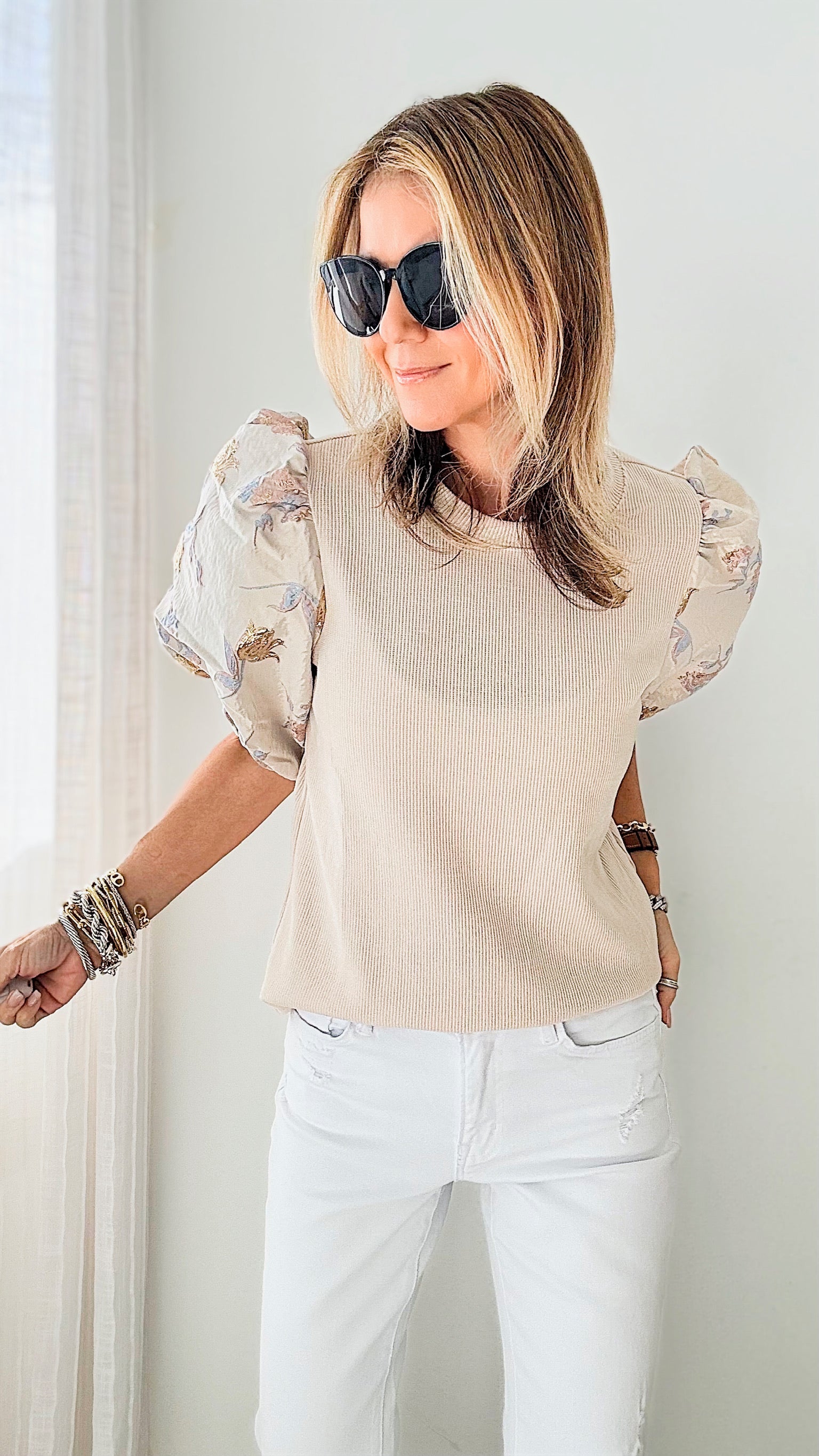 Glossy Floral Puff Sleeve Ribbed Blouse-130 Long Sleeve Tops-T H M L-Coastal Bloom Boutique, find the trendiest versions of the popular styles and looks Located in Indialantic, FL