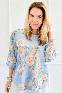 Spring Romance Rose St Tropez Short Sleeve Sweater- Blue