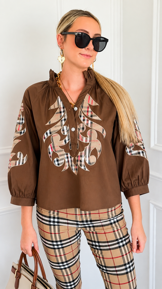 Plaid Appliqué Ruffle Neck Blouse Top - Brown