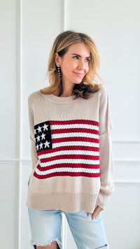 Flag Cable Knit Top - Beige-140 Sweaters-Miracle-Coastal Bloom Boutique, find the trendiest versions of the popular styles and looks Located in Indialantic, FL